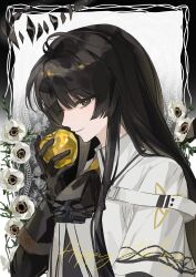  1girl absurdres apple arknights artist_request ascot black_ascot black_eyes black_gloves black_hair black_halo blunt_bangs broken_halo capelet chinese_commentary closed_mouth commentary_request commission corrupted_halo detached_wings english_commentary flower food fruit gloves golden_apple grey_background halo hand_up happy_birthday highres holding holding_food holding_fruit long_hair looking_at_viewer mole mole_under_eye profile second-party_source sidelocks smile solo upper_body virtuosa_(arknights) white_capelet white_flower wings 