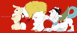  4others anoko_(chiikawa) chibikemo chiikawa commentary dekatsuyo_(chiikawa) full_body furry hachiware_(chiikawa) hachiware_(chimera)_(chiikawa) highres mithi_48 multiple_others red_background simple_background siren_(chiikawa) untranslatable_commentary usagi_(chiikawa) usagi_(chimera)_(chiikawa) 