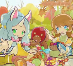  >_< 2girls alternate_costume animal animal_ears apple autumn autumn_leaves bare_tree bird blue_bonnet blue_eyes blue_hair bonnet bow braid brown_hair closed_eyes clothed_animal clover_facial_mark commentary_request cup day dress facial_mark flower food fork fruit grape_juice grapes green_dress green_eyes hair_bow hat high_ponytail horns horse_ears hot_dog jacket juice leaf leg_warmers long_hair long_sleeves looking_at_another looking_at_viewer mischa_(puyopuyo) multiple_girls neckerchief official_alternate_costume official_style on_ground open_clothes open_hand open_jacket open_mouth orange_jacket outdoors outstretched_arm pancake pancake_stack pantyhose paprisu_(puyopuyo) parted_bangs petting picnic picnic_basket picnic_blanket pimyuhuwa pink_bow pink_flower plate polka_dot_neckerchief ponytail puyopuyo puyopuyo_quest reaching reaching_towards_viewer red_flower red_hat red_neckerchief red_pantyhose ribbed_dress sandwich seiza shirt single_horn sitting sleeveless sleeveless_dress sleeves_past_wrists smile squirrel swan swan_(puyopuyo) tree twitter_username unica_(picknicking)_(puyopuyo) unica_(puyopuyo) unicorn_girl unicorn_horn very_long_hair wariza white_horns white_jacket white_shirt yellow_dress yellow_leg_warmers 