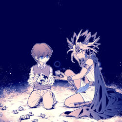  cape coat colored_bangs emr-ygo eye_of_horus holding_puzzle_piece kaiba_seto millennium_puzzle muted_colors peacock_hair puzzle_piece spiky_hair white_coat yami_yugi yu-gi-oh! yu-gi-oh!_duel_monsters 