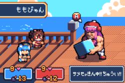  3girls animated animated_gif asagi_(bombergirl) blue_hair bombergirl bridge brown_hair button_prompt chibi chibi_only commentary_request day fake_screenshot full_body health_bar heart holding jumping long_hair looking_at_another mario_&amp;_luigi_rpg momoko_(bombergirl) multiple_girls ocean outdoors pink_hair pixel_art short_hair super_mario_bros. tonchamon_san translation_request urushi_(bombergirl) 