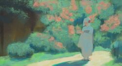  1other androgynous bob_cut closed_eyes dahnu flower full_body geta hand_up highres japanese_clothes jujutsu_kaisen multicolored_hair outdoors painterly red_streaks sandals short_hair socks solo standing streaked_hair tabi uraume_(jujutsu_kaisen) white_socks 
