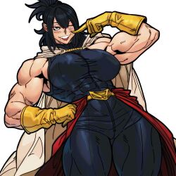  1girl absurdres black_hair bodysuit boku_no_hero_academia breasts cape commentary english_commentary gloves hand_on_own_hip highres master_dcj muscular muscular_female one_eye_closed poking shimura_nana smile thick_thighs thighs yellow_gloves 