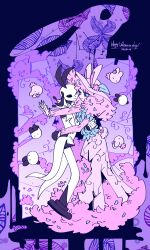  1girl 1other alriune animal_ears black_sclera blue_eyes closed_mouth colored_sclera colored_skin commentary_request dress extra_arms flower force_(4sk_force) gloves hat hat_flower highres korean_commentary lobotomy_corporation looking_at_viewer one_eye_closed partial_humanization pink_dress pink_flower pink_hat project_moon rabbit_ears rayman_limbs smile tailcoat the_silent_orchestra white_gloves white_skin 