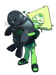  1girl ^_^ alien alternate_costume blonde_hair casual closed_eyes colored_skin discount-supervillain face_shield forehead_jewel full_body gem gem_(steven_universe) green_skin grin heart highres peridot_(steven_universe) petite sandals seal_(animal) shirt short_hair shorts slides smile solo steven_universe t-shirt triangle-shaped_hair 