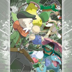  1boy :3 absurdres artist_name black_pants blush blush_stickers bright_pupils chesnaught claws closed_eyes closed_mouth collared_shirt commentary company_name copyright_notice english_commentary facial_hair fangs from_side gloves gogoat grass_type_theme_(pokemon) green_gloves green_hat green_shirt hat highres holding holding_poke_ball horns jumpluff leaf legs_apart long_sleeves male_focus mega_pokemon mega_venusaur merchandise_available nest_ball official_style old old_man open_mouth orange_scarf outline pants plant poke_ball pokemon pokemon_(creature) pokemon_team pokemon_x_and_y ramos_(pokemon) red_eyes roserade scarf shirt smile spikes standing tom_higgins venusaur victreebel vines watermark white_outline white_pupils wrinkled_skin 