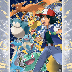  1boy :3 =_= absurdres aqua_eyes artist_name ash_ketchum baseball_cap belt black_hair blue_jacket blue_pants bright_pupils brown_belt bulbasaur charizard claws clenched_hand closed_eyes closed_mouth commentary company_name copyright_notice denim dragon dragon_wings english_commentary fangs fingerless_gloves flying from_side gloves green_gloves green_shirt hat highres holding holding_poke_ball horns jacket jeans lapras legs_apart male_focus merchandise_available nostrils official_style open_clothes open_jacket open_mouth outline pants pikachu plant poke_ball poke_ball_(basic) pokemon pokemon_(anime) pokemon_(classic_anime) pokemon_(creature) pokemon_team red_eyes red_hat shirt short_hair short_sleeves single_horn smile snorlax squirtle standing teeth tom_higgins upper_teeth_only variant_set vines violet_eyes watermark white_outline white_pupils wings 