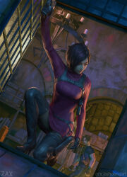  1boy 1girl ada_wong black_boots black_gloves black_hair black_pantyhose black_shirt boots breasts brown_hair chandelier chest_harness commentary dress english_commentary gloves gun harness high_heel_boots high_heels highres holding holding_gun holding_weapon jashoang leon_s._kennedy looking_at_another medium_breasts on_one_knee pantyhose parted_bangs red_dress resident_evil resident_evil_4 resident_evil_4_(remake) ribbed_dress shirt short_hair thigh_boots turtleneck turtleneck_dress twitter_username weapon window 