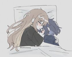  2girls black_hair black_shirt blush brown_hair closed_eyes closed_mouth commentary cuddling earrings flower_earrings from_above jewelry long_hair miyagi_shiori multiple_girls parted_lips pillow sendai_hazuki shirt short_hair shuuniichido_classmate_wo_kau_hanashi sleeping_together stud_earrings under_covers wheloo3rd yuri 