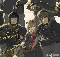  1girl 4boys absinthe_(arknights) absinthe_(noon_twilight)_(arknights) altyn_helmet animal_ears arknights bear_ears bear_girl black_skirt body_armor brown_hair camouflage camouflage_jacket camouflage_pants chest_rig clich51368861 collared_shirt combat_helmet commentary_request fingerless_gloves gloves grey_pants grin group_picture gun hair_intakes half-closed_eyes helmet holding holding_gun holding_weapon jacket kneeling light_machine_gun long_sleeves looking_at_viewer machine_gun military_uniform multiple_boys necktie outdoors pants red_eyes red_necktie rifle shirt short_hair sidelighting sidelocks skirt smile smirk sniper_rifle soldier standing twitter_username visor_lift weapon weapon_request 