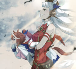 2girls absurdres animal_ears armband ascot blue_eyes blunt_bangs bow breasts brown_hair brown_hat buttons cape closed_mouth crossed_arms daichi double-breasted dress ear_bow epaulettes gloves gold_ship_(red_strife)_(umamusume) gold_ship_(umamusume) grey_hair grin hat highres horse_ears horse_girl horse_tail jacket long_hair long_sleeves medium_breasts multicolored_hair multicolored_jacket multiple_girls open_mouth pillbox_hat pink_ascot ponytail red_bow red_cape red_dress single_epaulette single_hair_streak skirt sleeveless sleeveless_dress smile streaked_hair striped_armband striped_clothes tail teeth tokai_teio_(peak_joy)_(umamusume) tokai_teio_(umamusume) two-tone_jacket two-tone_skirt umamusume violet_eyes white_gloves white_jacket white_skirt white_streaks 