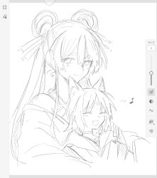  2girls aged_down animal_ears art_program_in_frame blush cho_kaguya-hime! choker commentary_request fang forehead_jewel fox_ears fox_girl greyscale hair_ornament hair_rings hair_stick highres long_hair monochrome multiple_girls open_mouth runami_yachiyo runami_yachiyo_(tsukuyomi) sakayori_iroha sakayori_iroha_(tsukuyomi) simple_background twintails white_background yuki_(uv1dmm7qtt8pnnd) 