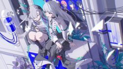  2girls absurdres black_leggings black_shorts boots cevio commentary dutch_angle earphones full_body grey_hair grin hair_ornament hair_over_one_eye haru_(cevio) headphones highres holding holding_headphones holding_phone isekaijoucho jacket kaf_(kamitsubaki_studio) kamitsubaki_city_under_construction kamitsubaki_studio knee_boots knees_up koko_(kamitsubaki_studio) leggings light_particles listening_to_music long_hair long_sleeves multiple_girls outdoors overgrown phone plant rim_(kamitsubaki_studio) ritao_kamo sekai_(cevio) shared_earphones shorts side-by-side single_knee_boot sitting sitting_on_object smile untranslatable_commentary unworn_headphones urban utility_pole white_hair white_jacket 