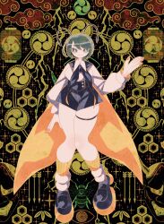  1girl :| absurdres ankle_socks antennae black_cape black_shoes black_shorts boku_(isizakitakasi) bug cape closed_mouth collared_shirt commentary_request full_body green_eyes green_hair high-waist_shorts highres lantern long_sleeves orange_nails paper_lantern shirt shirt_tucked_in shoes short_hair shorts socks solo thigh_strap touhou two-sided_cape two-sided_fabric wriggle_nightbug yellow_cape yellow_socks 