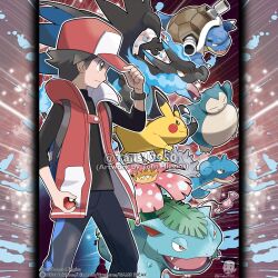  1boy =_= absurdres artist_name baseball_cap black_shirt blastoise blue_fire blue_pants bracelet bright_pupils brown_eyes brown_hair cannon charizard claws closed_eyes closed_mouth commentary company_name copyright_notice dragon dragon_wings english_commentary fangs fire flower from_side hand_on_headwear hat highres holding holding_poke_ball horns jewelry lapras leaf legs_apart long_sleeves male_focus mega_charizard_x mega_pokemon merchandise_available mew_(pokemon) official_alternate_costume official_style open_clothes open_mouth open_vest outline pants pikachu pink_flower poke_ball poke_ball_(basic) pokemon pokemon_(creature) pokemon_masters_ex pokemon_team red_(pokemon) red_(sygna_suit)_(pokemon) red_hat red_vest shirt short_hair smile snorlax standing tom_higgins tongue v-shaped_eyes venusaur vest watermark white_outline white_pupils wings 