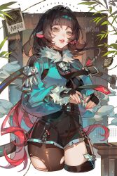  absurdres animal_ears aqua_eyes arched_bangs artist_name asymmetrical_legwear bamboo black_hair black_pantyhose black_shorts black_thighhighs border colored_inner_animal_ears cowboy_shot crop_top cropped_jacket cropped_legs droopy_ears ear_piercing fingerless_gloves fur_trim gloves grey_jacket high-waist_shorts highres jacket jane_doe_(zenless_zone_zero) long_hair looking_at_viewer mikuma2606 mouse_girl mouse_tail multicolored_hair nail_polish outside_border pantyhose parted_lips piercing pink_nails puffy_sleeves shirt short_shorts shorts sidelocks single_leg_pantyhose tail thigh-highs torn_clothes torn_pantyhose turtleneck turtleneck_shirt two-tone_hair wanted_poster white_border zenless_zone_zero 