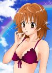  1girl bad_id bikini bikini_top blush breasts brown_eyes brown_hair cloud clouds frills front-tie_top genderswap lipstick orange_hair rainbow red_hair redhead sky solo sparkle swimsuit to_love-ru toloveru wfseilan_(pixiv) yuusaki_riko 