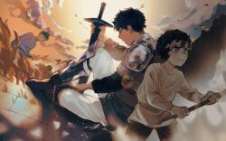  3boys age_progression armor black_hair blue_eyes blue_jacket boots child clouds commentary_request dark-skinned_male dark_skin dungeon_meshi hair_between_eyes highres jacket kabru knee_up leg_armor looking_at_viewer male_focus multiple_boys on_floor open_mouth pants planted planted_sword short_hair shoulder_armor sitting sky standing sword tiaoranblk weapon white_pants 