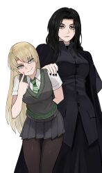  2girls black_coat black_hair black_nails black_pantyhose black_robe blonde_hair breasts coat commentary confident draco_malfoy draco_malfoy_(redteneri) finger_to_cheek frown genderswap genderswap_(mtf) green_eyes green_necktie grey_eyes hand_on_another's_cheek hand_on_another's_face harry_potter_(series) highres jourd4n long_hair medium_breasts miniskirt multiple_girls necktie pantyhose pleated_skirt robe severus_snape severus_snape_(redteneri) shirt short_sleeves skirt slytherin small_breasts smile smug striped_clothes striped_necktie sweater_vest teasing untranslatable_commentary very_long_hair white_shirt wizarding_world 