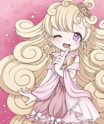  1girl blonde_hair bow commentary_request curly_hair dress earrings frilled_dress frills hair_ornament highres jewelry long_hair magical_girl mahou_shoujo_ikusei_keikaku mahou_shoujo_ikusei_keikaku_aces one_eye_closed pink_background pink_nails puk_puck qoo_1025 smile star_(symbol) star_hair_ornament star_ornament star_symbol_background violet_eyes white_bow 