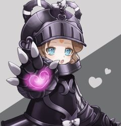  1girl armor armor_arlie black_armor blue_eyes bow brown_hair commentary_request curly_hair heart heart_print helmet highres looking_at_viewer magical_girl mahou_shoujo_ikusei_keikaku mahou_shoujo_ikusei_keikaku_aces open_mouth qoo_1025 white_bow 