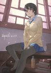  between_thighs black_hair blue_eyes book bottle box cherry_blossoms face feet glasses letter light_smile lips looking_down necktie no_shoes original pantyhose paw_print pleated_skirt school_uniform sitting skirt solo stairs sweater tan_taka text thighs 