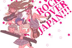 3girls absurdres bang_dream! bang_dream!_our_notes black_shoes blue_eyes blue_hair brown_hair english_text floating_hair grey_skirt guitar hamasaki_mahoro highres holding holding_guitar holding_instrument instrument keyboard_(instrument) kotohira_nagi long_hair miniskirt multiple_girls open_mouth plaid_clothes plaid_skirt sawami_kanata school_uniform shirt shoes short_hair skirt socks star_(symbol) uat_chu white_background white_shirt white_socks 