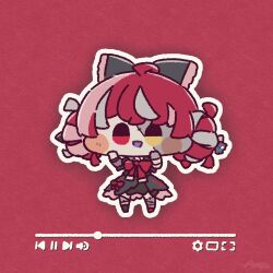  1girl :d ahoge ameya_(kappadoll) black_bow black_dress blush_stickers bow bowtie chibi chibi_only commentary double_bun dress full_body grey_streaks hair_bow hair_bun heterochromia highres hololive hololive_indonesia kureiji_ollie looking_at_viewer media_player_interface multicolored_hair open_mouth outline patchwork_skin red_background red_bow red_bowtie red_eyes red_hair short_hair simple_background smile solo standing streaked_hair virtual_youtuber white_outline yellow_eyes zombie 