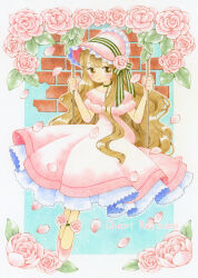  1girl ankle_flower ankle_strap aqua_background artist_name blush bonnet border brick_wall brown_eyes brown_hair chiori_n choker closed_mouth colored_pencil_(medium) commentary_request dress falling_petals flower frilled_bonnet frills full_body green_choker green_ribbon hair_flower hair_ornament hands_up highres light_particles long_dress long_hair looking_at_viewer on_swing original outline outside_border petals petticoat pink_bonnet pink_dress pink_flower pink_rose pink_shoes ribbon rose shoes sitting smile solo striped_ribbon swing traditional_media very_long_hair wavy_hair white_border white_outline 