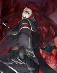  angry asch belt black_gloves cape coat foreshortening gloves green_eyes kokotima long_hair male payot red_hair redhead solo surcoat sword tales_of_(series) tales_of_the_abyss weapon 