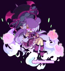 1girl :p ankle_bow black_background black_bow black_shoes black_umbrella bow closed_mouth commentary_request demon_girl demon_horns demon_tail demon_wings flower forward-facing_horns frilled_skirt frills full_body grey_wings hair_bun hair_over_one_eye heart heart-shaped_eyewear hibiscus holding holding_umbrella horns jitome long_hair looking_over_eyewear loreiller_(puyopuyo) midriff official_style one_eye_covered pimyuhuwa pink-framed_eyewear pink_flower pink_shirt pink_skirt pointy_ears purple-tinted_eyewear purple_hair puyopuyo puyopuyo_quest see-through_clothes see-through_socks shirt shoes simple_background single_side_bun skirt socks solo sunglasses tail tinted_eyewear tongue tongue_out twitter_username umbrella very_long_hair water wings wristband yellow_eyes 