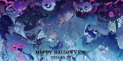  2024 2boys animal_on_shoulder bandage_over_one_eye bandaged_hand bandages barcode barcode_tattoo black_collar blue_fire blue_hair branch candle candy candy_cane cheek_tattoo collar collared_shirt colored_skin commentary cup dated dot_nose double-parted_bangs earrings eyepatch fang fangs fingernails fire flying food food_in_mouth galarian_yamask glowing glowing_eyes hair_between_eyes hammer hand_on_own_face hand_up happy_halloween highres holding holding_candy holding_food holding_hammer holding_mask houndstone indie_utaite jewelry litwick lollipop long_fingernails looking_down mafumafu mareanie mask medical_eyepatch multicolored_skin multiple_boys multiple_heads night one_eye_covered parted_lips pikachu pink_eyes pink_skin pnt0005 poipole pokemon pokemon_(creature) shirt sinistea skin_fangs sleeves_past_wrists soraru swirl_lollipop tattoo teacup tinkaton tombstone two-tone_skin untranslatable_commentary utaite violet_eyes white_hair white_shirt woobat wrapped_candy zweilous 