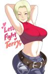  ass bare_shoulders belt blonde_hair blue_eyes blue_mary breasts crop_top english fatal_fury halter_top halterneck king_of_fighters large_breasts lips lipstick maoo_aruba maou_alba midriff navel nose pants short_hair snk solo tubetop wink 