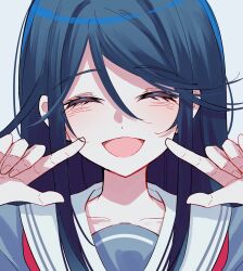  1girl ^_^ black_hair closed_eyes collarbone facing_viewer finger_to_cheek fingernails grey_serafuku grey_shirt hair_between_eyes highres hoshino_ichika_(project_sekai) index_finger_raised light_blush miyamasuzaka_girls'_academy_school_uniform neckerchief project_sekai red_neckerchief ritzchrono sailor_collar school_uniform serafuku shirt smile solo striped_clothes white_background white_sailor_collar 