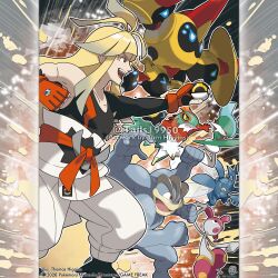  >_< 3boys :o absurdres artist_name black_shirt blonde_hair claws clenched_hand clenched_hands clenched_teeth closed_eyes commentary company_name copyright_notice english_commentary extra_arms eyelashes falinks fighting_type_theme_(pokemon) from_side gallade gloves gradient_hair grey_hair hawlucha heracross highres holding holding_poke_ball insect_wings ivor_(pokemon) lips long_hair long_sleeves machamp male_focus medicham mega_falinks mega_pokemon merchandise_available multicolored_hair multiple_boys muscular muscular_male official_style open_mouth orange_gloves outline outstretched_arm pants poke_ball pokemon pokemon_(creature) pokemon_legends:_z-a pokemon_team red_eyes shirt sidelocks single_sleeve smile standing teeth tom_higgins two-tone_hair ultra_ball upper_teeth_only watermark white_outline white_pants wings 