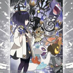  1girl absurdres artist_name banette black_dress black_hair blue_eyes blue_gloves chandelure closed_mouth colored_sclera commentary company_name copyright_notice dress english_commentary eyelashes fangs fire from_side froslass gengar ghost_type_theme_(pokemon) gloves gourgeist gradient_hair gwynn_(pokemon) hair_over_one_eye hat highres holding holding_poke_ball jacket long_sleeves medium_hair mega_chandelure mega_pokemon mega_stone merchandise_available mimikyu multicolored_hair nest_ball official_style open_clothes open_jacket open_mouth outline pantyhose partially_fingerless_gloves poke_ball pokemon pokemon_(creature) pokemon_legends:_z-a pokemon_team purple_fire purple_hair purple_pantyhose slit_pupils smile teeth tom_higgins tongue two-tone_hair violet_eyes watermark white_jacket white_outline yellow_sclera 