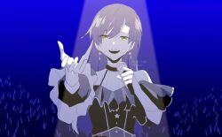  1girl blue_theme commentary_request concert dated dress earrings frilled_dress frills holding holding_microphone idolmaster idolmaster_(classic) jewelry kisaragi_chihaya kisaragi_chihaya_(oathone) long_hair looking_at_viewer microphone monochrome official_alternate_costume open_mouth outstretched_arm outstretched_hand singing solo spot_color spotlight star_(symbol) star_earrings summer_end27 upper_body yellow_eyes 