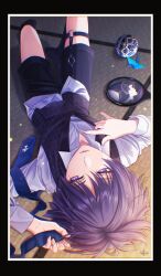  1boy absurdres alternate_costume ball bishounen black_bodysuit black_border black_hair black_kimono black_shorts black_socks black_vest blue_necktie blunt_ends bodysuit border bright_pupils collared_shirt cross fingernails folding_fan formal_clothes genshin_impact gold hand_fan hand_mirror highres holding holding_fan indoors japanese_clothes jewelry juban kimono long_sleeves looking_to_the_side lying male_focus mirror mitsudomoe_(shape) neck_ring necktie nezumi0814 o-ring o-ring_thigh_strap on_back open_collar origami paper_crane parted_lips partially_unbuttoned pink_lips red_kimono reflection ringed_eyes scaramouche_(genshin_impact) scaramouche_(harbinger)_(genshin_impact) shirt shorts smirk socks solo tatami thigh_strap tomoe_(symbol) tsurime undershirt undone_necktie upside-down vest violet_eyes white_border white_kimono white_mouth white_pupils white_shirt white_sleeves wispy_bangs 