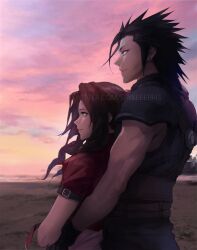  1boy 1girl aerith_gainsborough armor beach black_hair blue_eyes brown_hair closed_mouth clouds cloudy_sky couple crisis_core:_final_fantasy_vii cross_scar dress english_commentary final_fantasy final_fantasy_vii final_fantasy_vii_remake from_side green_eyes hair_ribbon happy height_difference hetero highres hug hug_from_behind jacket long_hair looking_afar ocean outdoors parted_lips pink_dress pink_ribbon profile red_jacket ribbon sand scar scar_on_cheek scar_on_face short_hair shoulder_armor sky sleeveless sleeveless_turtleneck smile spiky_hair spykeee sunset sweater turtleneck turtleneck_sweater twitter_username upper_body zack_fair 