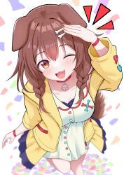  1girl :3 :d ;3 ;d absurdres animal_ears arm_up blush bone_hair_ornament braid breasts brown_eyes brown_hair collar collarbone commentary_request dog_ears dog_girl dog_tail dress fang foot_out_of_frame hair_between_eyes hair_ornament highres hololive hosinonana inugami_korone jacket large_breasts long_hair long_sleeves looking_at_viewer notice_lines one_eye_closed open_clothes open_jacket open_mouth red_collar simple_background sleeve_bow smile solo standing standing_on_one_leg tail twin_braids virtual_youtuber white_background white_dress yellow_jacket 