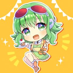  1girl :d blush boots brown_background brown_boots brown_jacket cake commentary_request fold-over_boots food fruit goggles goggles_on_head green_eyes green_hair green_skirt gumi high_heel_boots high_heels holding holding_plate jacket kou_hiyoyo long_sleeves open_clothes open_jacket outline pennant plate pleated_skirt skirt smile solo strawberry string_of_flags vocaloid white_outline 