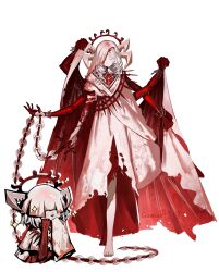  1other absurdres barefoot cape closed_eyes closed_mouth colored_skin dress extra_arms full_body halo highres horns limbus_company mao_gezi_gumiao_xun_li multiple_horns project_moon pwie_(project_moon) red_halo red_skin simple_background solo veil veins weapon whip_sword white_background white_cape white_dress white_horns white_veil 