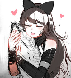  1girl animal_hug armband bad_id bad_tumblr_id black_armband black_bow black_hair black_scarf blake_belladonna blush bow closed_eyes hair_bow heart highres long_hair ndgd open_mouth rwby scarf simple_background solo tuna white_background 