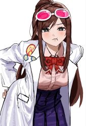  1girl ace_attorney badge black_eyes blue_skirt bow bowtie brown_hair coat collared_shirt commentary ema_skye frown highres hunched_over l1wawg lab_coat long_hair pink-tinted_eyewear pink_shirt pleated_skirt ponytail pout red_bow red_bowtie shirt sidelocks skirt solo tinted_eyewear white_background white_coat 