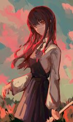  1girl black_hair blue_sky chainsaw_man closed_mouth clouds collared_shirt commentary_request cross_scar dress dress_shirt fourth_east_high_school_uniform highres holding holding_weapon lch long_hair long_sidelocks long_sleeves neck_ribbon pinafore_dress ribbon ringed_eyes scar scar_on_cheek scar_on_face scar_on_nose school_uniform shirt sidelighting sidelocks skirt sky sleeveless sleeveless_dress sunset suspender_skirt suspenders weapon white_shirt yoru_(chainsaw_man) 