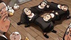  6+girls :d absurdres architect_nun_(diva) arm_sling baby_animal bird black_shoes blonde_hair blue_eyes blush_stickers brown_eyes brown_hair chicken clumsy_nun_(diva) crossed_arms diva_(hyxpk) duck duckling english_commentary eyewear_on_head froggy_nun_(diva) glasses green_hair highres hungry_nun_(diva) little_nuns_(diva) multiple_girls nun pencil_behind_ear rectangular_mouth shoes smile sparkling_eyes spicy_nun_(diva) square square_nun_(diva) sweatdrop traditional_nun triangle_mouth yellow_eyes 