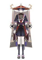  1boy armor arms_at_sides black_bodysuit black_hair black_kimono black_sandals black_shorts black_sleeves blunt_ends bodysuit bright_pupils choppy_bangs closed_mouth covered_collarbone eyeliner frilled_sleeves frills full_body furisode genshin_impact gold grey_shorts grey_veil hat highres japanese_armor japanese_clothes jingasa juban kimono kote kurokote kusazuri layered_shorts layered_sleeves looking_at_viewer makeup male_focus mandarin_collar mitsudomoe_(shape) o-ring purple_rope purple_sash purple_sleeves red_eyeliner red_hat red_kimono red_sash retujyo4go rope sandals sash scaramouche_(genshin_impact) scaramouche_(harbinger)_(genshin_impact) shimenawa short_sleeves shorts single_sode smile solo standing straight-on tassel toeless_legwear toes tomoe_(symbol) tsurime variant_set veil violet_eyes white_background white_kimono white_pupils white_rope wolf_cut zouri 