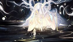 1boy 1other absurdres ambiguous_gender androgynous antlers blonde_hair closed_eyes closed_mouth coat elbow_rest extra_arms giant hair_between_eyes highres honkai:_star_rail honkai_(series) horns jewelry liquid_gold long_hair long_sleeves luocha_(honkai:_star_rail) oversaltedcat pants solo space star_(sky) tree_horns veil veil_over_one_eye white_coat white_veil wide_shot yaoshi_(honkai:_star_rail) 