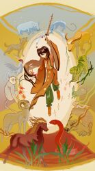  1girl bird black_hair bull chicken chinese_commentary chinese_zodiac commentary_request dog dragon floating goat green_pants he_bao_qian_ting highres holding holding_sword holding_weapon horse kuji-in leaf levitation long_hair maple_leaf matara_okina midair missing_headwear monkey mouse_(animal) orange_robe orange_shoes pants pig rabbit robe rooster shoes snake sword tiger touhou weapon 