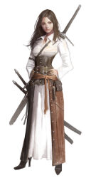  1girl belt belt_buckle belt_pouch black_boots boots breasts brown_belt brown_corset brown_eyes brown_hair buckle collared_shirt corset dongho_kang eyelashes full_body greatsword hands_on_own_hips high_heel_boots high_heels lips long_hair long_sleeves looking_at_viewer nose original pouch scabbard sheath sheathed shirt simple_background skirt small_breasts solo standing sword sword_on_back third-party_source vial weapon weapon_on_back white_background white_shirt white_skirt 